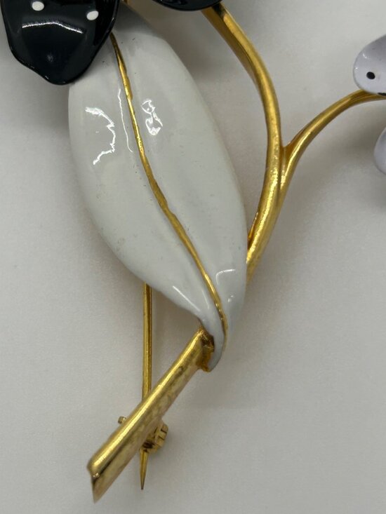 Vintage Avon Spectator Brooch Black & White Enamel Polka Dot Flower Rhinestone - Picture 5 of 12